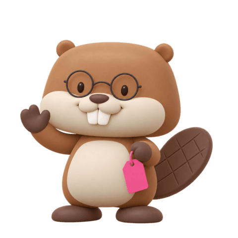 Ernie the beaver waving, holding a price tag